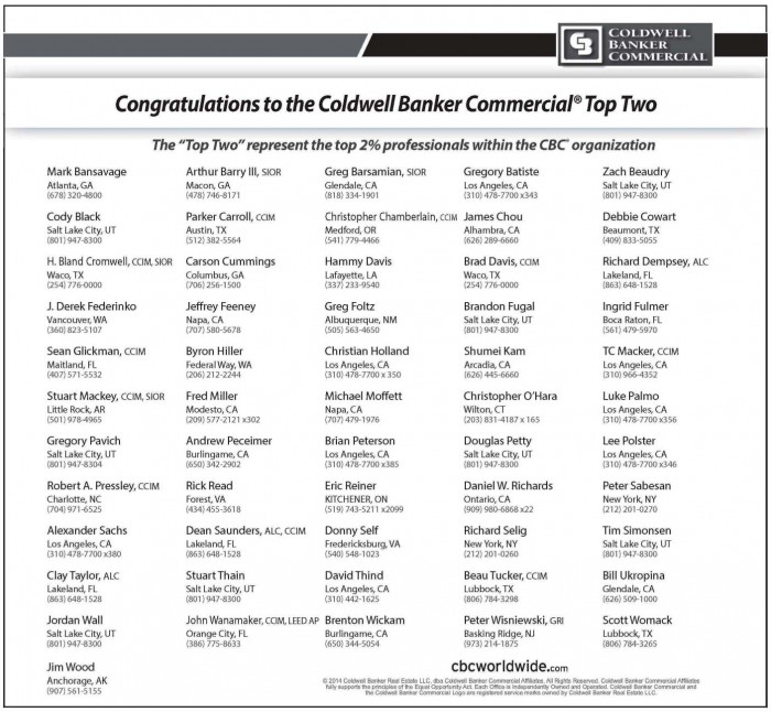 Coldwell Banker Commercial Top Two Percent of Professionals - Ingrid Fulmer 2014